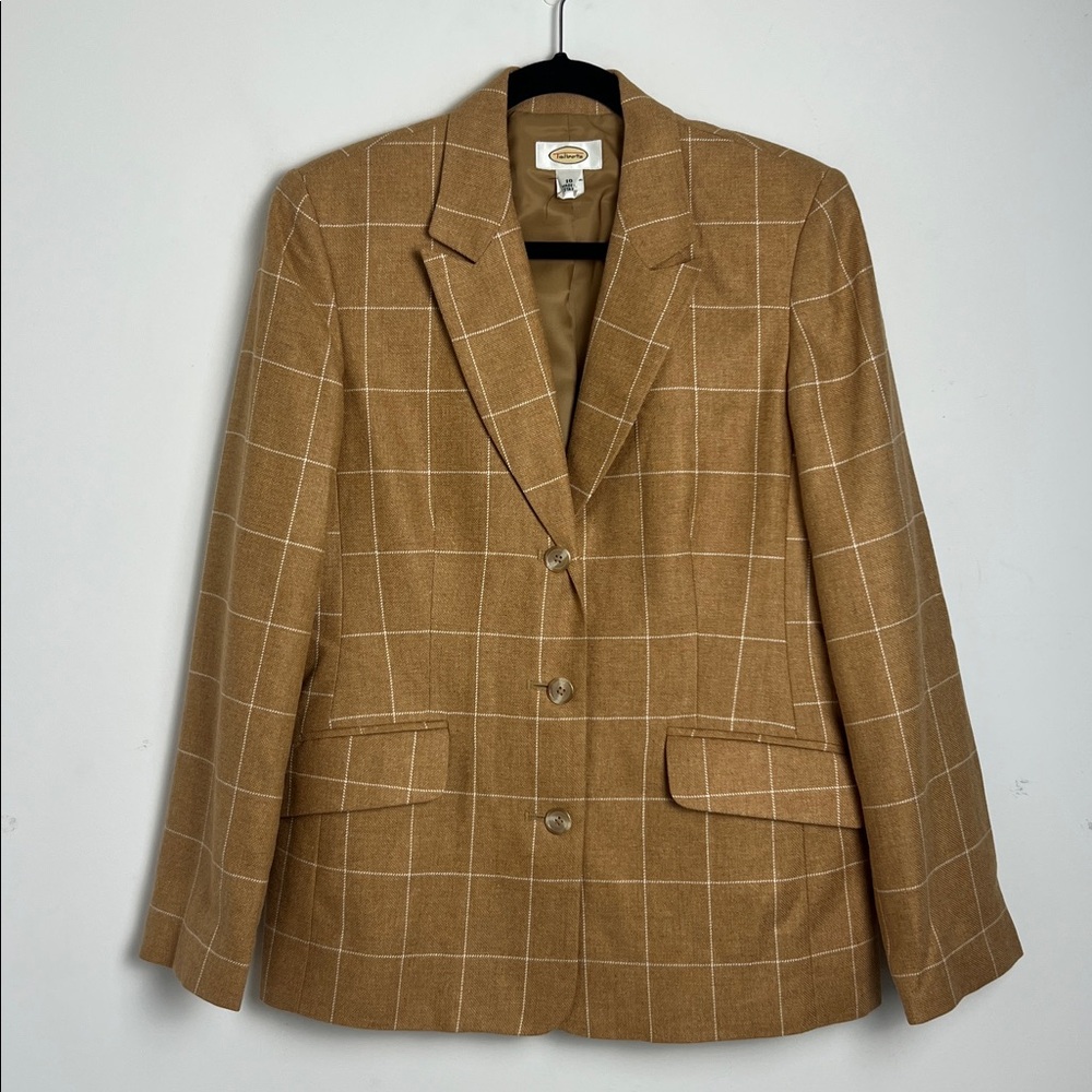 Vintage Talbots Size 10‎ Wool Silk Blend Camel Windowpane Check 3-Button Blazer